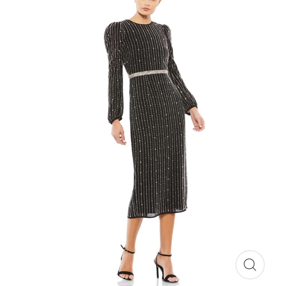 mac duggal LONG SLEEVE PUFF SLEEVE BEADED MIDI DRESS